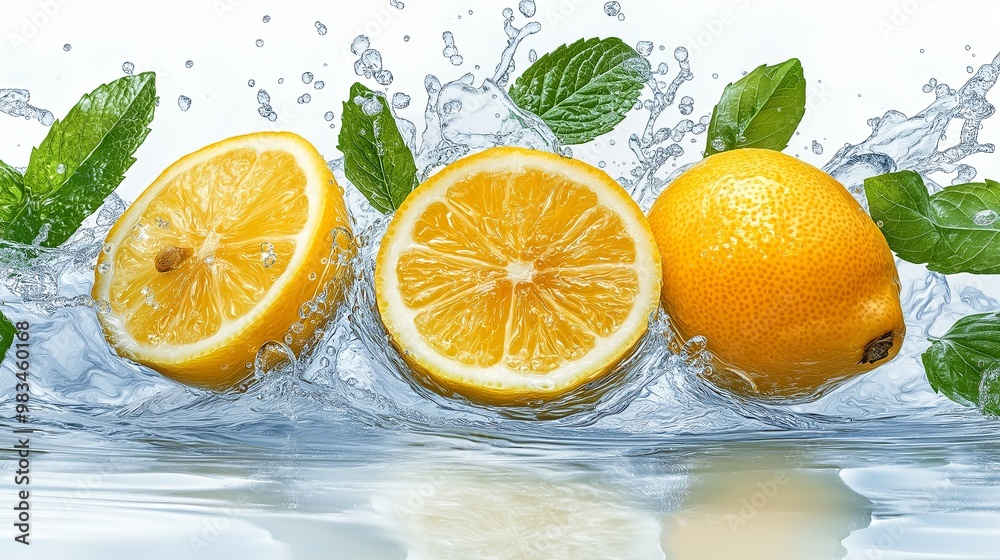 Lemon fruit slice, mint leaves and water splash on a white white background Lemon fruit slice, mint leaves and water splash on a white white background