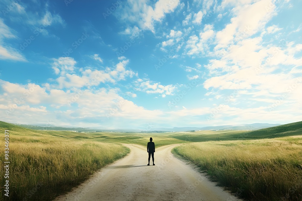 A figure standing at a crossroads with two different path, message of decision making. A figure standing at a crossroads with two different path, message of decision making.
