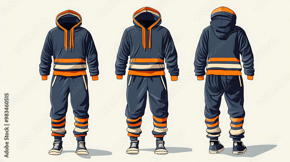 A blue and orange tracksuit with white accents, including a hoodie and sweatpants.