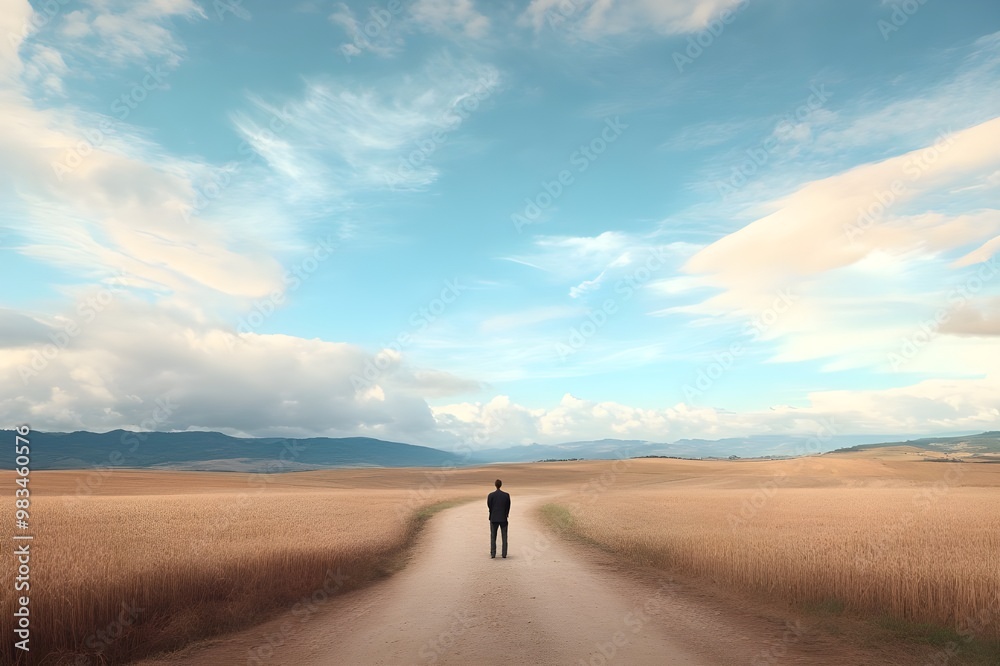 A figure standing at a crossroads in a wide-open field A figure standing at a crossroads in a wide-open field