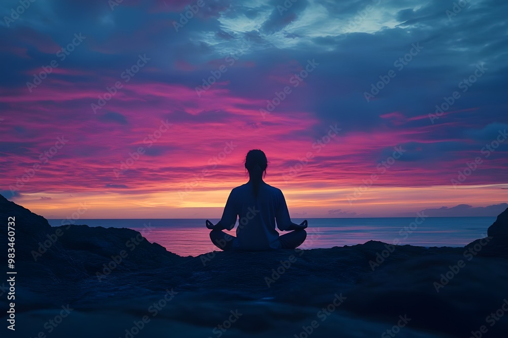 silhouette of person meditating on the beach, with the colorful sky.