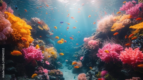 Beautiful underwater scene featuring a vibrant coral reef and a Coral Hind Grouper fish (Cephalopholis miniata). Perfect for marine life, underwater photography, coral reefs, and ocean-themed visuals