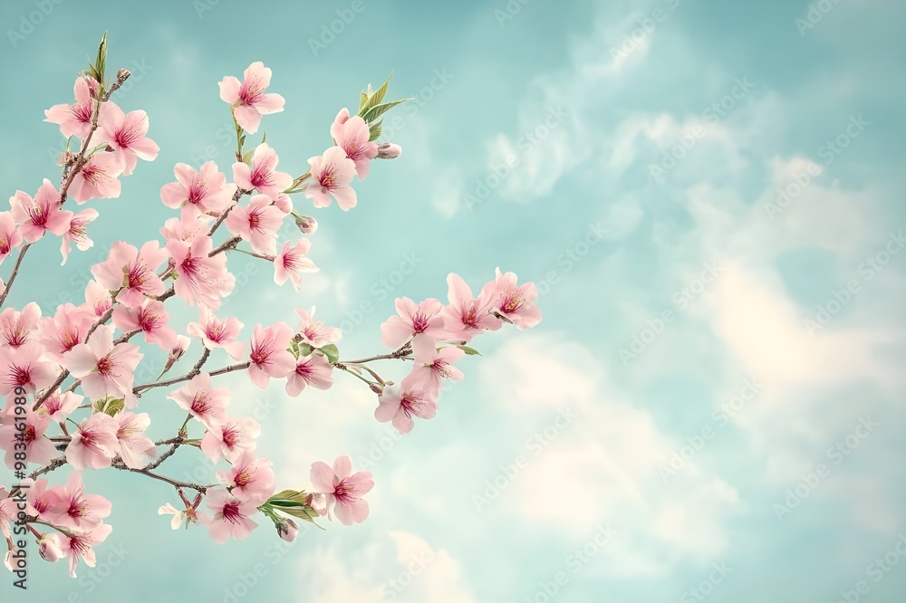 Beautiful pink cherry blossoms, with blue sky. Good space on the right for text or wallpaper picture