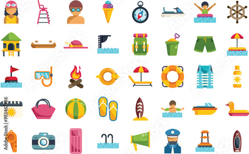 This is a large set of colorful summer and travel icons representing summer activities and beach vacation