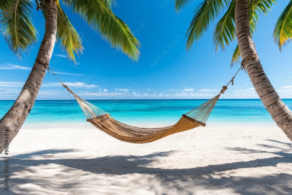 Fototapeta premium A hammock strung between two palm trees, overlooking a peaceful beach, symbolizing relaxation