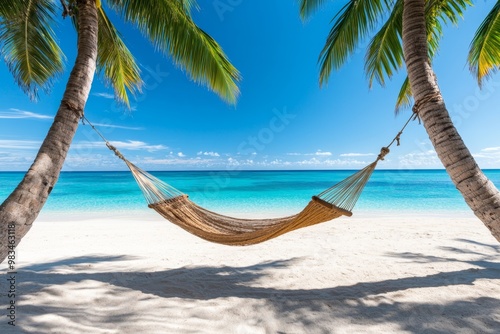 A hammock strung between two palm trees, overlooking a peaceful beach, symbolizing relaxation