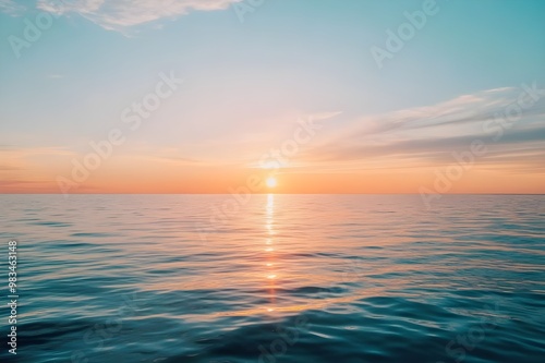 A scenic sunset over a calm body of water and a vast sky above for copy space.