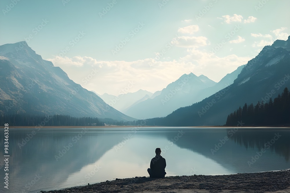 A person sitting by the lake facing to the forest and mountain. Good copy space picture A person sitting by the lake facing to the forest and mountain. Good copy space picture