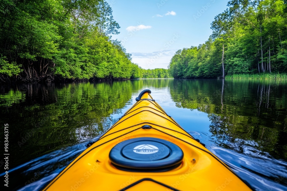 Fototapeta premium A kayak paddling through a peaceful river, with trees reflecting in the calm water under the summer sun