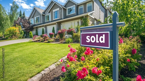 A newly sold house with a "sold" sign in the front yard, surrounded by lush landscaping.