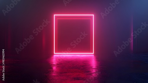 3d render, abstract geometric background with neon square frame glowing with gradient light in the dark. Futuristic showcase for product presentation