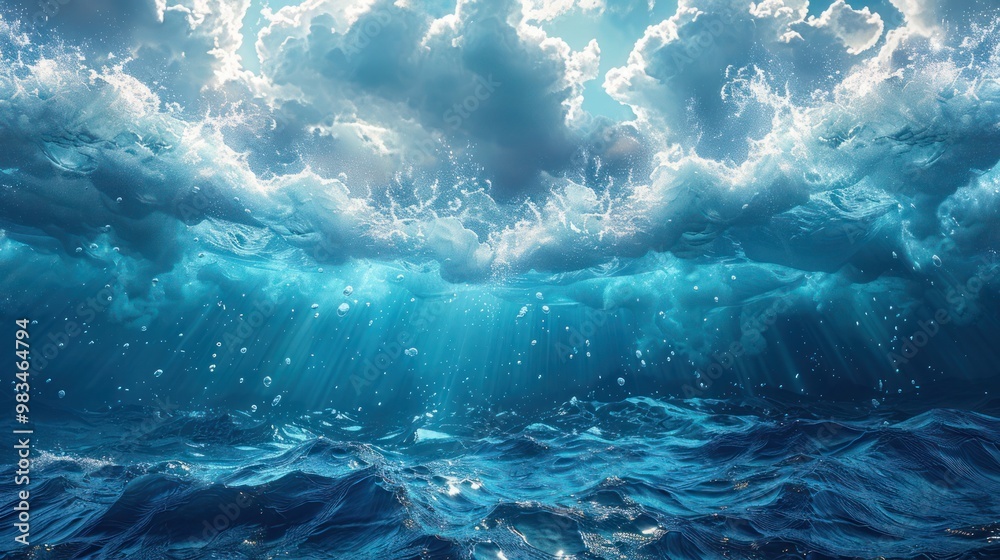 Abstract blue background featuring the sea surface viewed from below, with soft light filtering through the water. Ideal for ocean-themed designs, underwater scenes, and aquatic abstract visuals Abstract blue background featuring the sea surface viewed from below, with soft light filtering through the water. Ideal for ocean-themed designs, underwater scenes, and aquatic abstract visuals