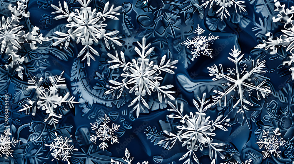 A close-up of white snowflakes against a dark blue background. A close-up of white snowflakes against a dark blue background.
