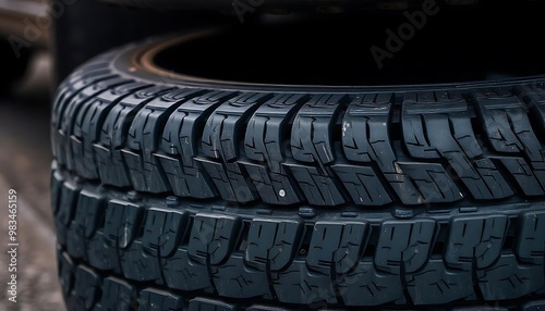 Stacked car tires, dark in color with a textured surface created with generative ai