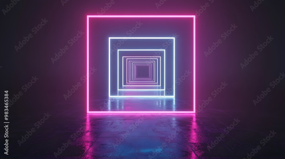 3d render, abstract geometric background with neon square frame glowing with gradient light in the dark. Futuristic showcase for product presentation 3d render, abstract geometric background with neon square frame glowing with gradient light in the dark. Futuristic showcase for product presentation