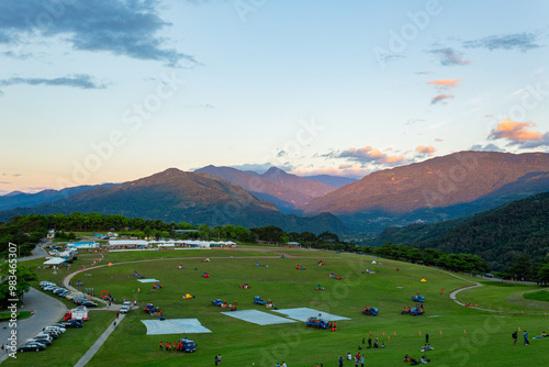 Sunrise landscape with people preparing for the hot air balloon festival at the Luye Highlands photo