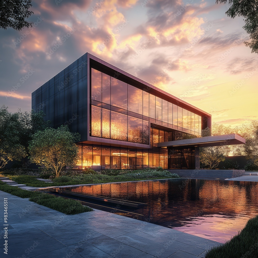 Modern Architectural Design at Sunset with Reflective Pool Modern Architectural Design at Sunset with Reflective Pool