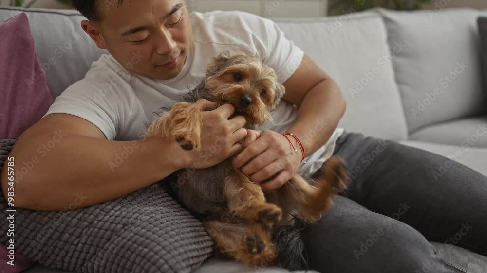 A young asian man in a living room lovingly plays with his small dog while sitting on a grey couch, capturing a tender moment of companionship in a cozy home setting. A young asian man in a living room lovingly plays with his small dog while sitting on a grey couch, capturing a tender moment of companionship in a cozy home setting.