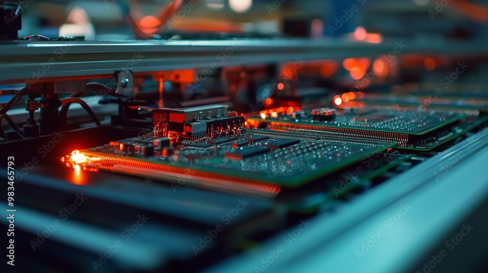 Close-up of pcb assembly line with automated machinery and glowing circuits, highlighting precision in electronic manufacturing.