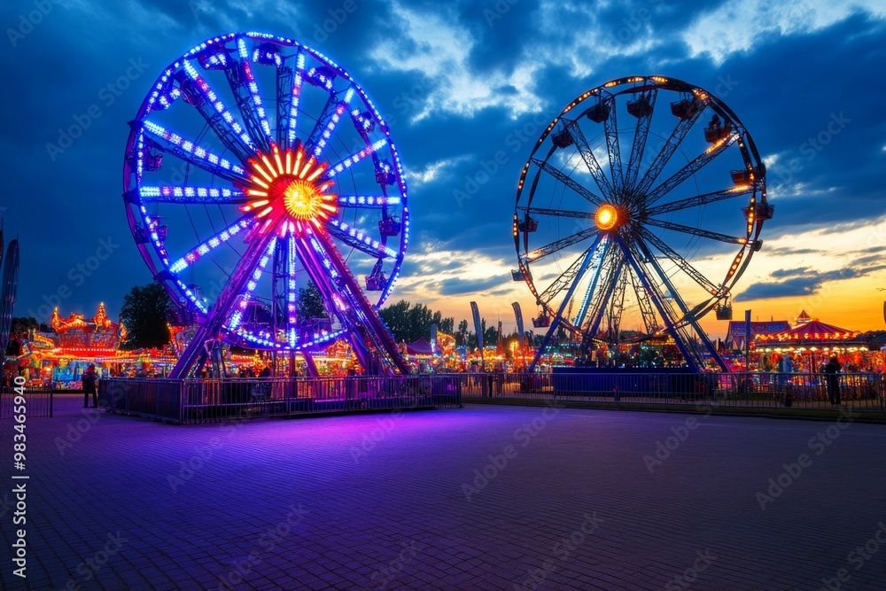 A summer fair or carnival, with rides, games, and bright lights in the warm evening air A summer fair or carnival, with rides, games, and bright lights in the warm evening air
