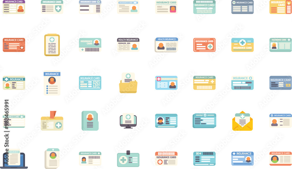 Large set of icons showing health insurance cards providing medical coverage and protection Large set of icons showing health insurance cards providing medical coverage and protection