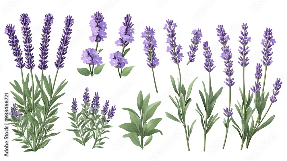 A collection of illustrated lavender flowers in various arrangements and styles. A collection of illustrated lavender flowers in various arrangements and styles.