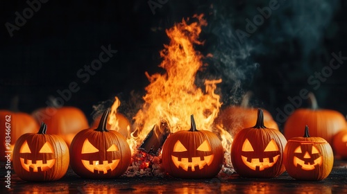 A Halloween bonfire with pumpkins surrounding a traditional Obon dance focus on - A festive fire of spirits and fun - dynamic - Double exposure - Bonfire backdrop photo