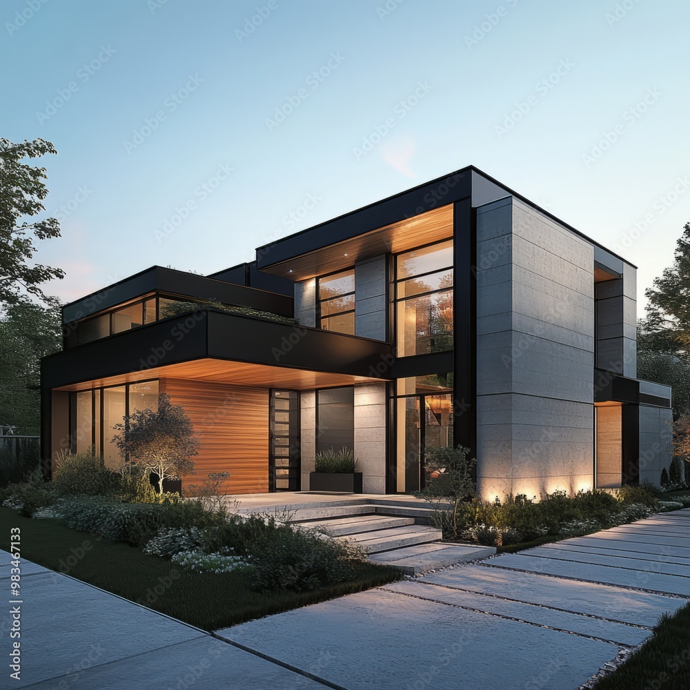 Modern Architectural Home with Stylish Design at Dusk