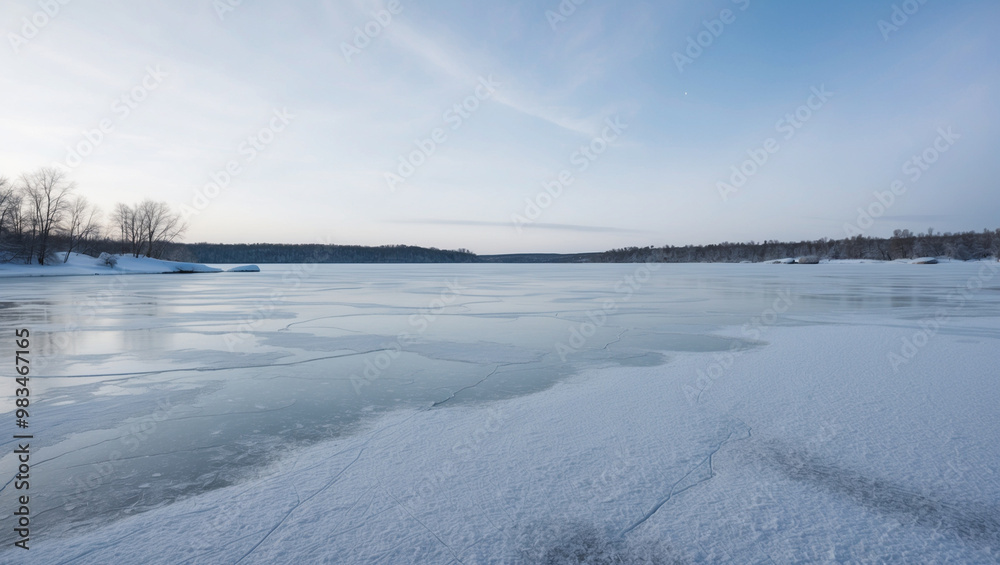 A serene and intimate minimalist photograph of a frozen lake in winter A serene and intimate minimalist photograph of a frozen lake in winter