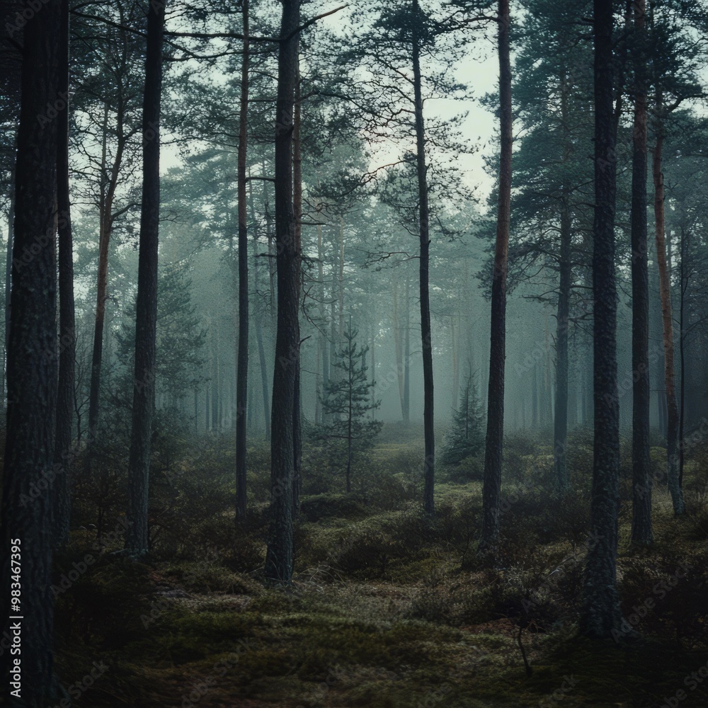 Obraz premium Serene Misty Forest Landscape with Tall Pines