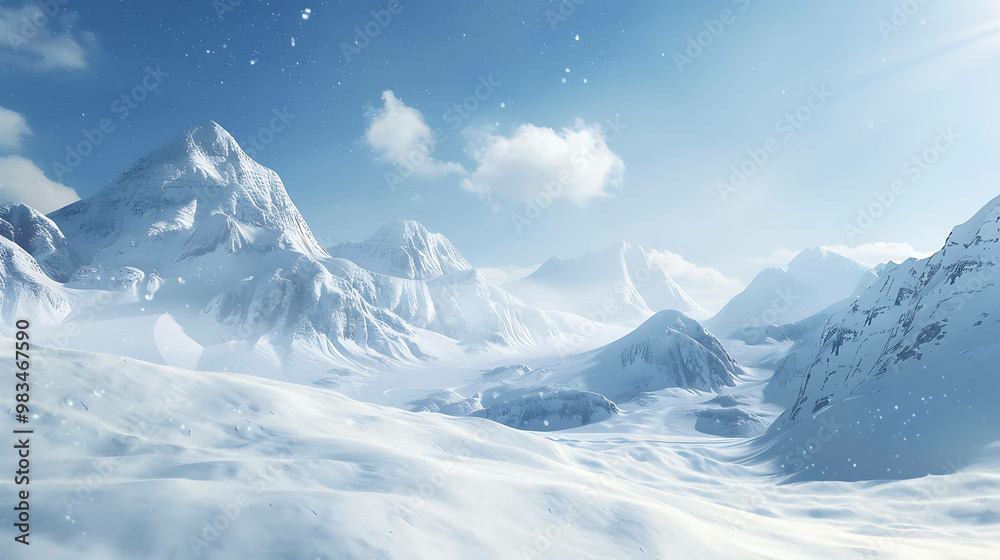 Obraz premium Snowy mountain range with a blue sky and fluffy clouds.