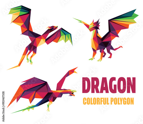 Dragon Set in Colorful Abstract Polygonal. Angry Dragon in Colorful Low Poly. Collection of Flying Dragon Logo.eps