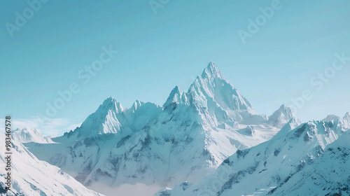 A majestic snow-capped mountain range against a clear blue sky.