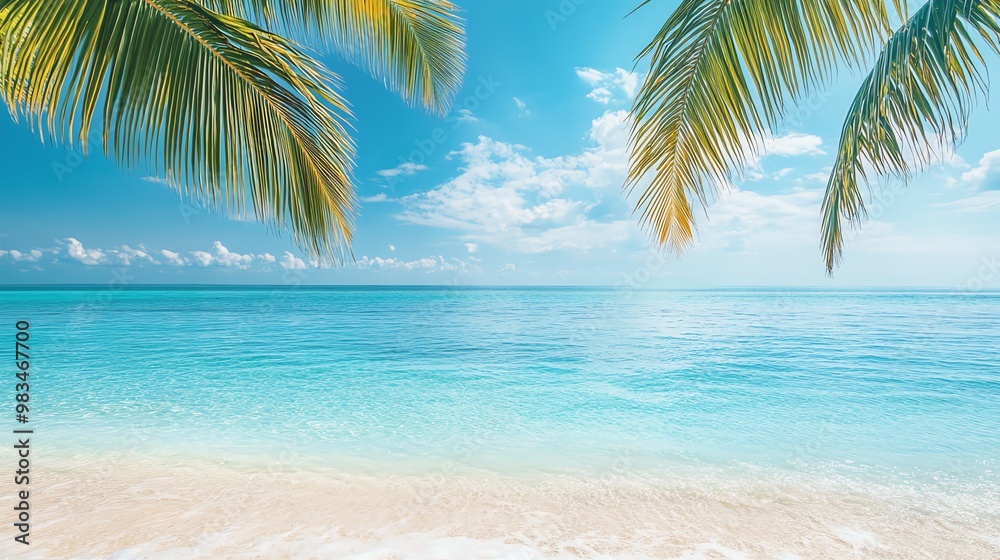 Tropical beach scene with clear blue water and palm trees. Tropical beach scene with clear blue water and palm trees.