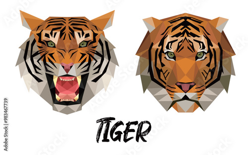 illustration of Angry roaring Tiger head face in polygonal low poly. Set Head of tiger logo polygon.eps