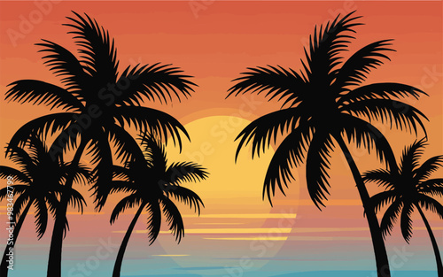 Palm Tree Silhouettes with Sunrise Vector