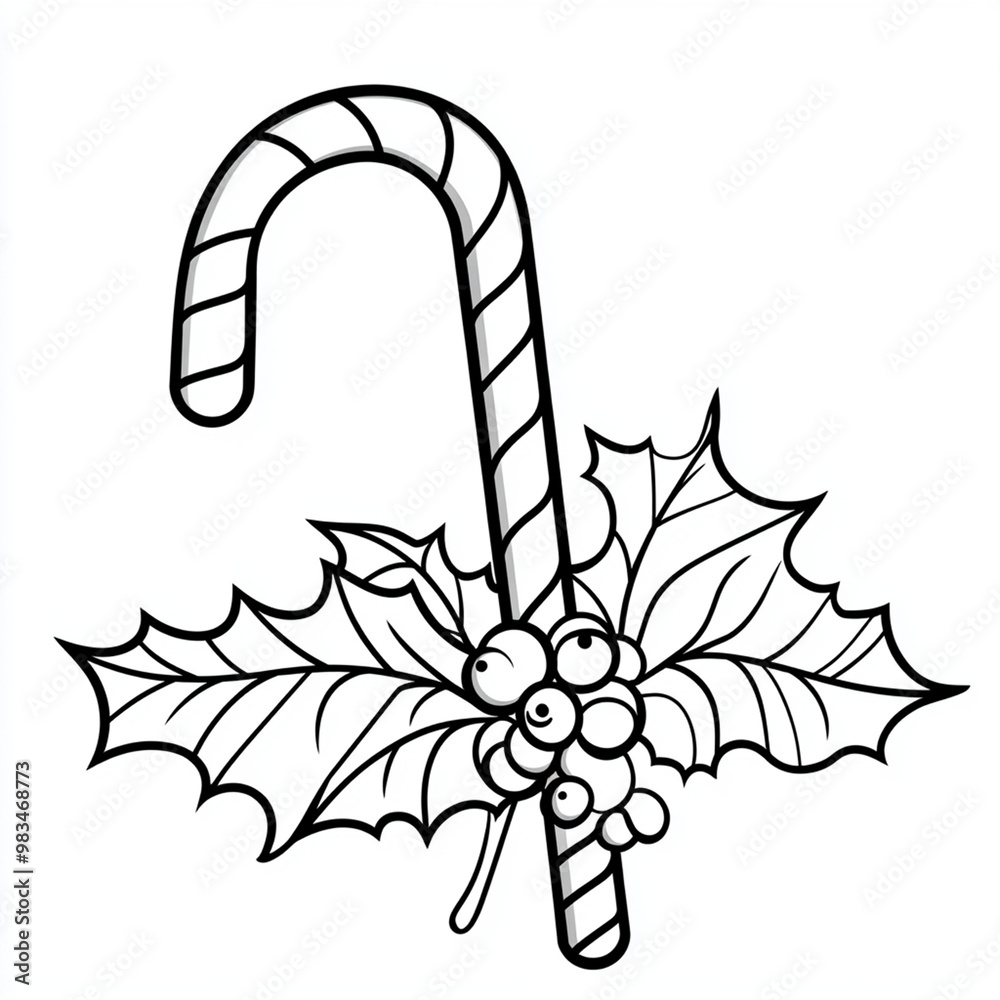 Christmas Candy Cane with Holly Leaves Coloring Page Christmas Candy Cane with Holly Leaves Coloring Page