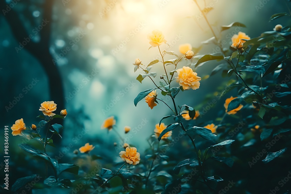 Mystical Yellow Flowers in the Forest with Sunlight Rays Mystical Yellow Flowers in the Forest with Sunlight Rays