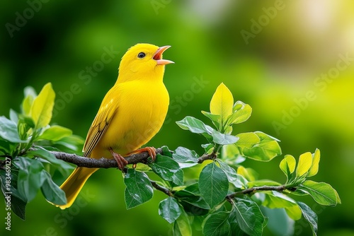 A yellow bird perched on a tree branch, singing in the morning light, symbolizing joy and cheerfulness