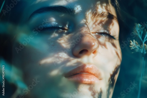 Woman submerged underwater with sunlight and water patterns on her face.  Concept of peace, tranquility, meditation, and serenity photo