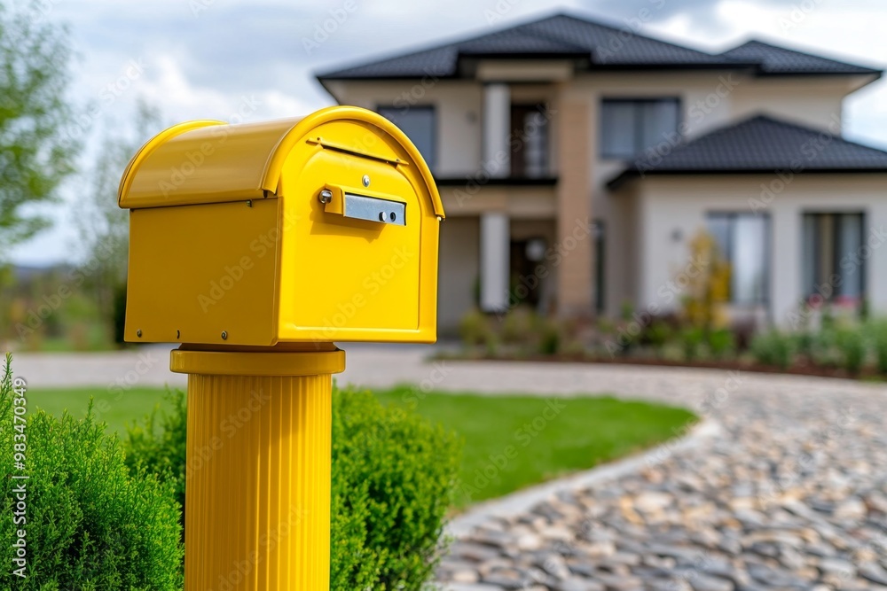 A yellow mailbox in front of a charming house, symbolizing friendly connections and happy messages A yellow mailbox in front of a charming house, symbolizing friendly connections and happy messages