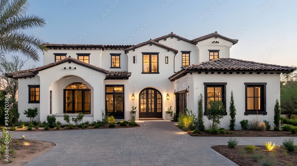 front view of beautiful white and black Spanish style home with dark brown accents, paver driveway, cinematic, Nikon D850 camera front view of beautiful white and black Spanish style home with dark brown accents, paver driveway, cinematic, Nikon D850 camera