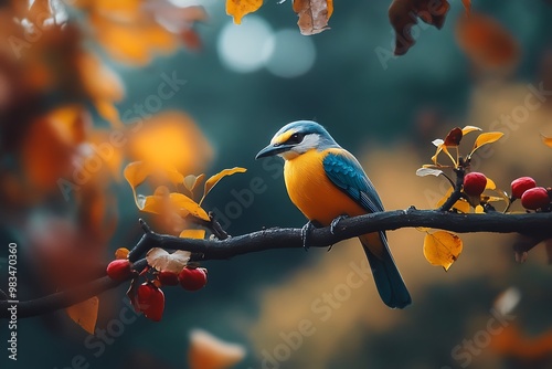 Colorful Bird Perched on a Branch in Autumn Foliage
