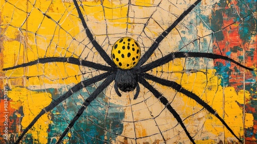 Yellow spider woven into a web photo