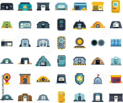 Big set of bunker icons in flat style showing different kinds of shelters for protection and safety during war or disaster
