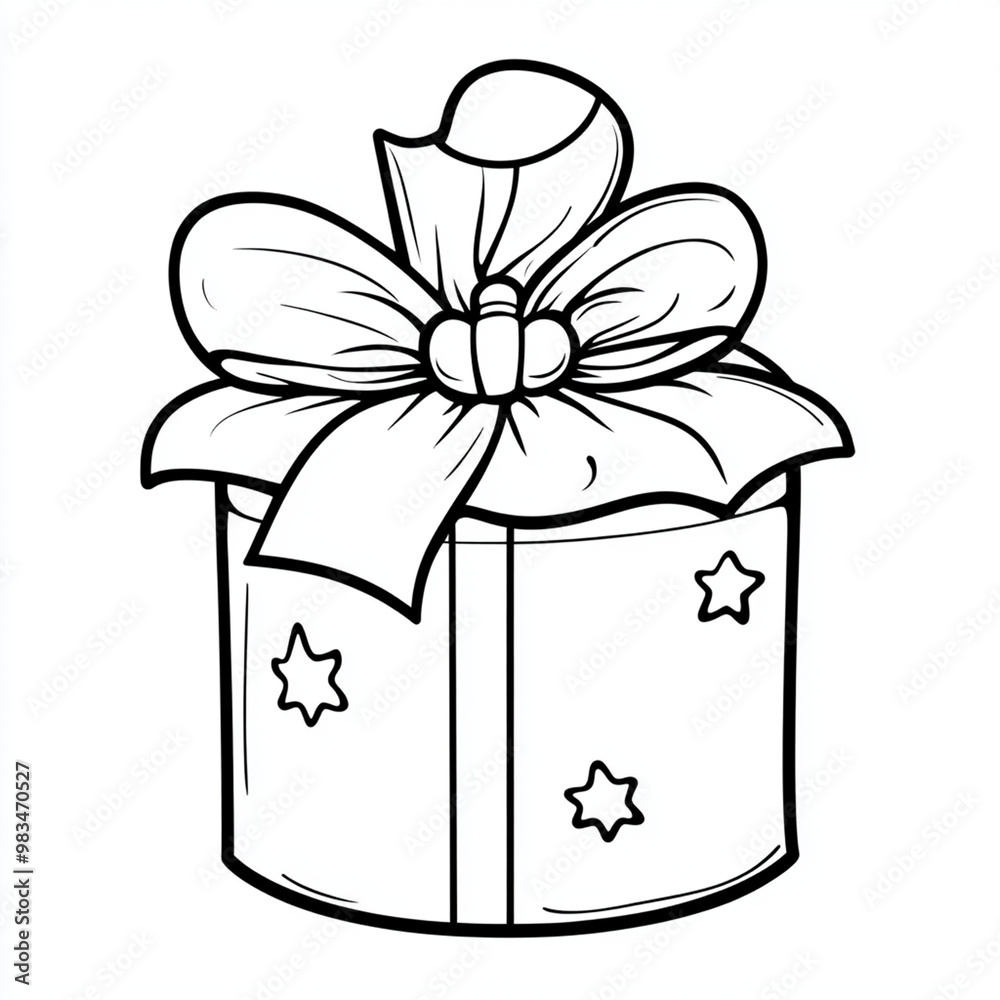 Christmas Gift Box with Bow and Stars Line Art
