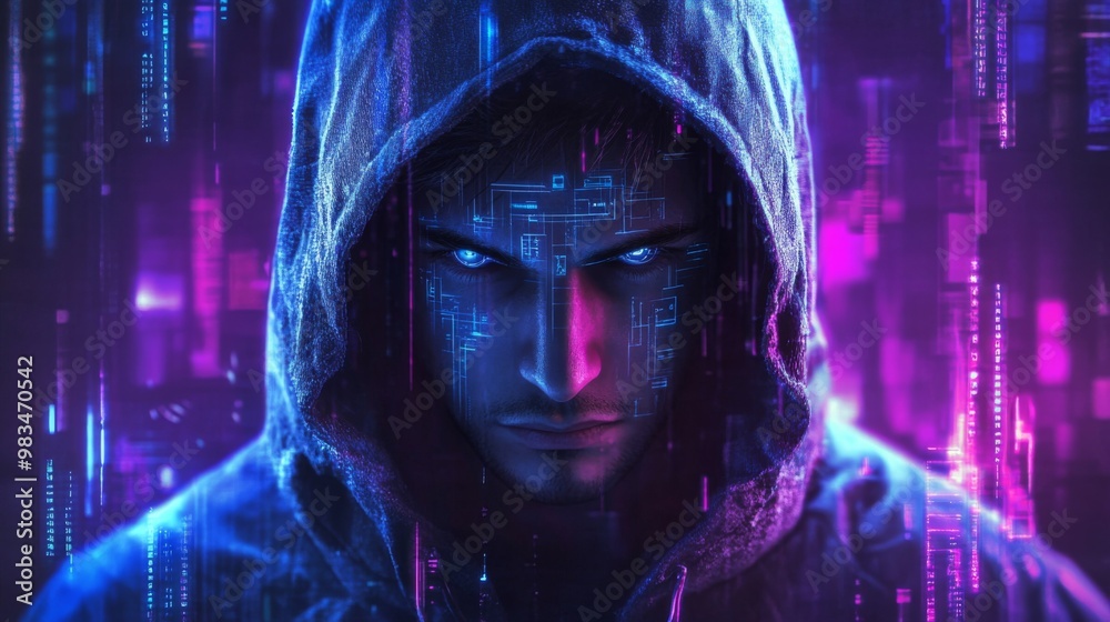 A mysterious hooded figure surrounded by neon-lit abstract digital elements, embodying the essence of cyberpunk and futuristic noir technology in a dark setting. A mysterious hooded figure surrounded by neon-lit abstract digital elements, embodying the essence of cyberpunk and futuristic noir technology in a dark setting.