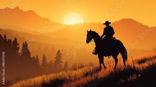 A silhouette of a cowboy on horseback against a sunset in a mountainous landscape.