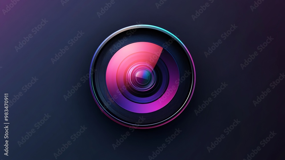A close-up of a camera lens with a purple and pink glow. A close-up of a camera lens with a purple and pink glow.