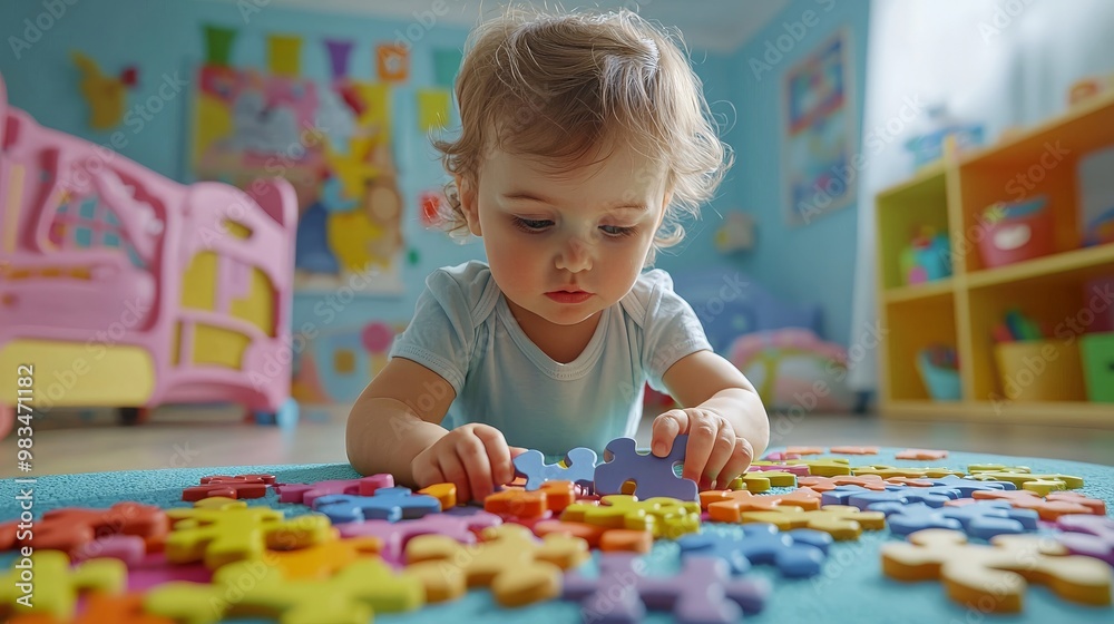 Small toddler or a baby child playing with puzzle shapes on a low table in a colorful children room in a nursery or preschool Small toddler or a baby child playing with puzzle shapes on a low table in a colorful children room in a nursery or preschool